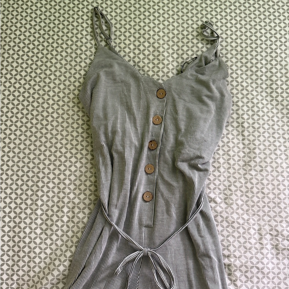 Striped Button-Down Romper with Tie Waist